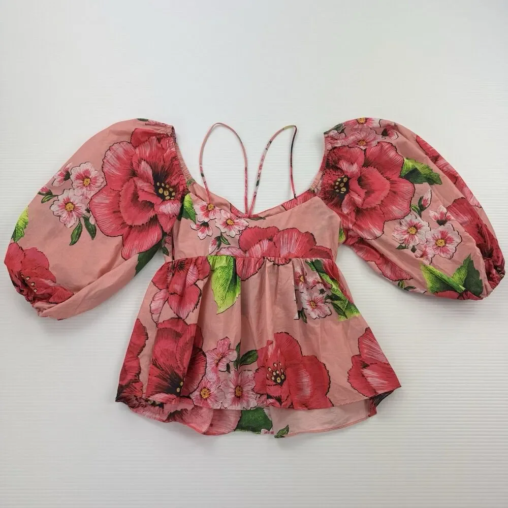Farm Rio Chita Blouse XS Pink Floral Puff Sleeve Babydoll Cotton Top